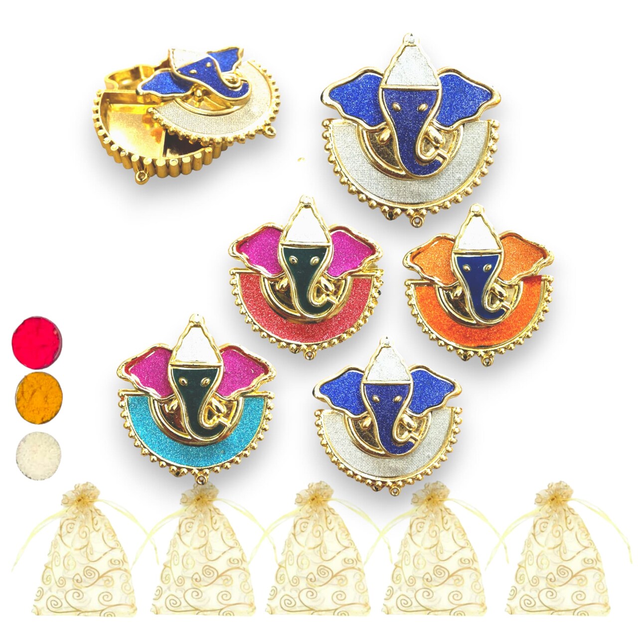5 Pieces Decorative Ganesha Haldi Kumkum Holder Roli Chawal/rice Holder Indian Festival Favor Diwali Rakhi Pooja Tilak Platter Housewarming Gifts Wedding Favor